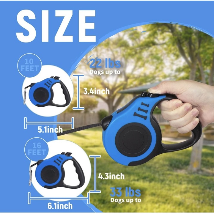 Прибираща се каишка за кучета, с ергономична неплъзгаща се дръжка, заключващ бутон, 5 м, лесна за употреба, синя/черна