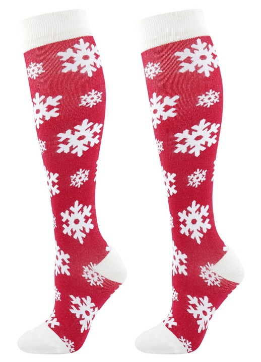 Sosete dama lungi peste genunchi, compresie, GOGOU®, Cu model craciun, Rosu/Alb