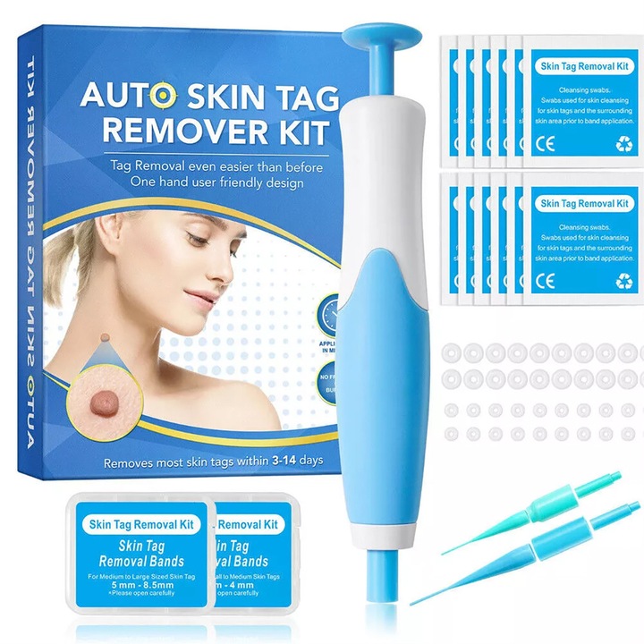 Dispozitiv Indepartare Papiloame prin Ligaturare, Skin Tag Removal Kit, pentru Fata, Gat, Corp, Dimensiuni 2-8mm, 10x Servetele Alcool, 40x Benzi cauciuc, 2x Capete intersimbabile, Alb/Albastru