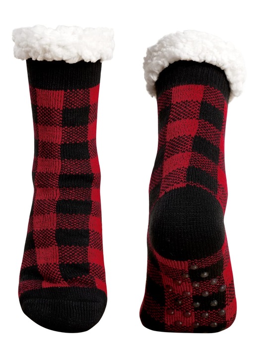 Sosete dama, tip papuci de casa, GOGOU®, cu model carouri, calduroase, moi, antiderapante, marime 35-40 EU, Rosu/Negru