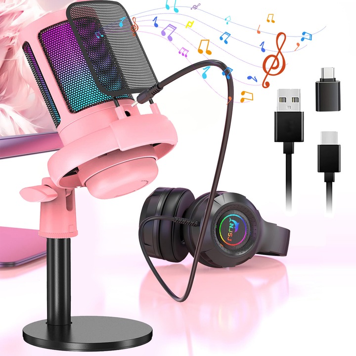 Microfon Condensator, Aveek, pentru gaming, streaming si podcasting, Cardioid, Lumina RGB, Pop-Filter, Suport de soc, Conectivitate USB, Reducere zgomot fundal, Functie mute rapid, compatibil PC/PS5/PS4, Roz