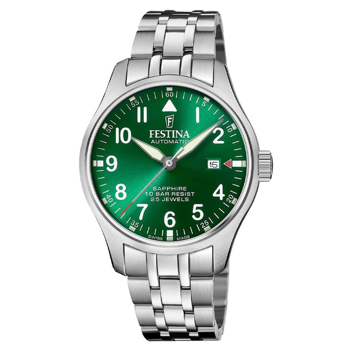 Ceas barbatesc Festina F20151-B, bratara din otel inoxidabil, cadran verde, 43mm, rezistent la apa 100m