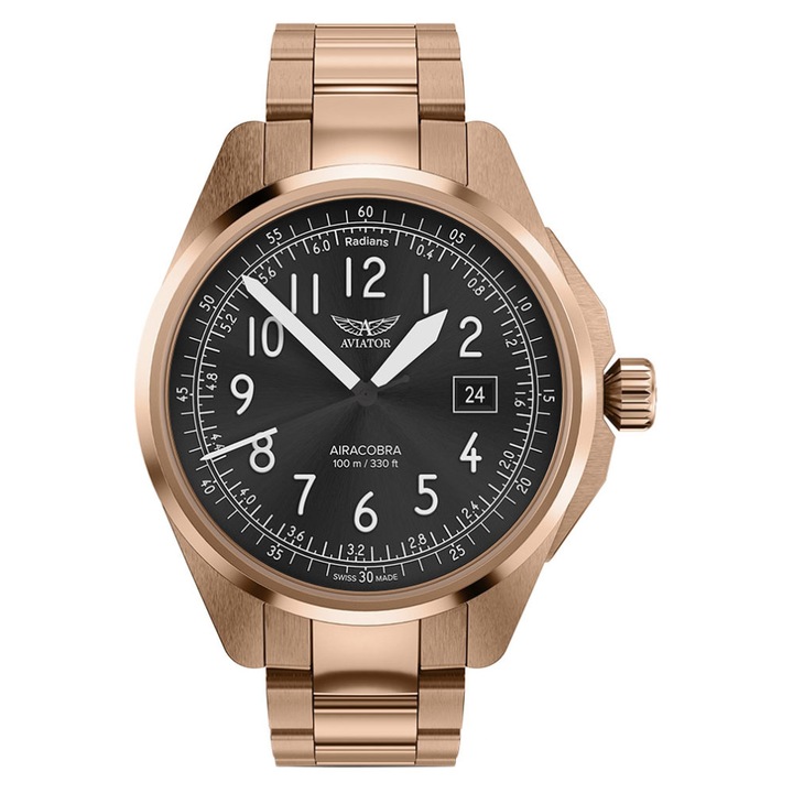 Ceas barbatesc Aviator Airacobra 43 V.1.38.2.322.5, bratara din otel inoxidabil, mecanism quartz, rezistent la apa 100m