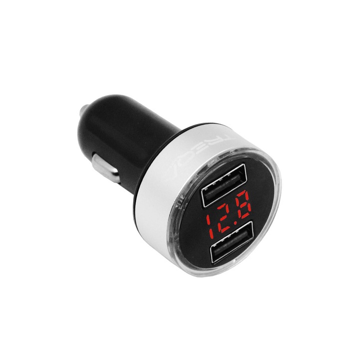 Incarcator auto Treqa, cu voltometru, 2 porturi USB-A 3.1A, 16.5x8.5x3.5cm