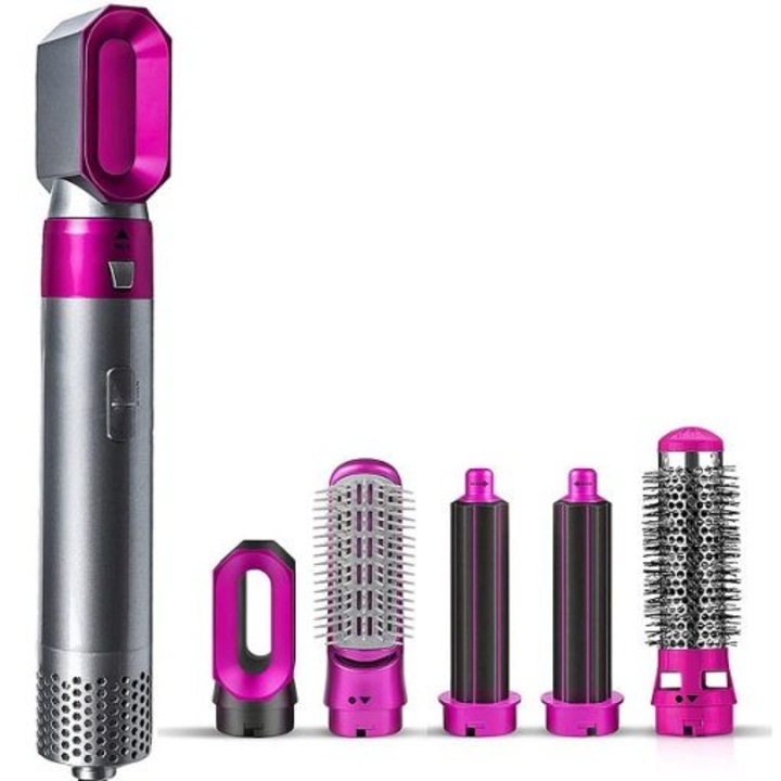 Uscator de par 1000W, 5 in 1, accesorii pentru bucle, 24x30x6cm, roz/argintiu