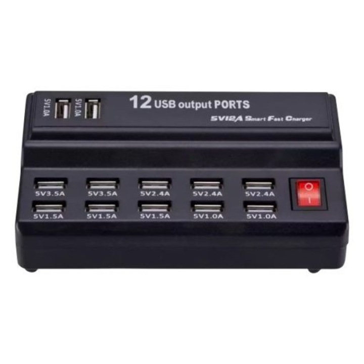 Incarcator telefon 12 porturi USB-A 60W negru 17x12x5cm