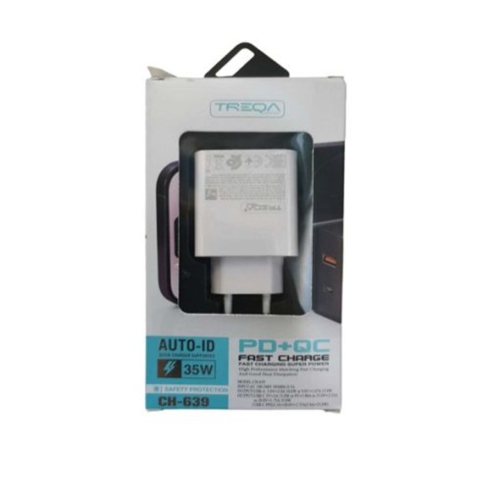 Incarcator telefon, 18W USB-A, 35W USB-C, alb, 9x15x3cm, set