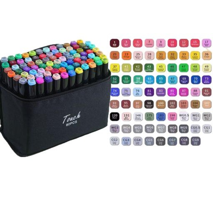 Set markere cu 2 varfuri, 80 culori, organizator negru