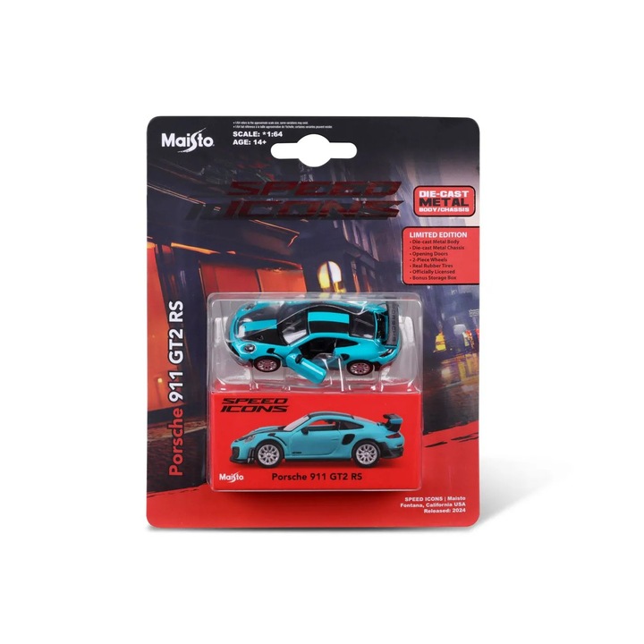 Maisto fém autó sebesség ikonok porsche 911 gt2 rs miami kék méret 1:64