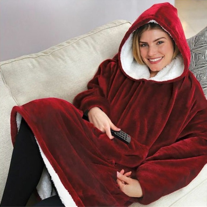 Patura tip hanorac, rosie, catifea