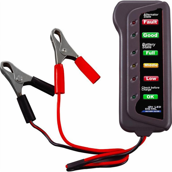Тестер за акумулатор на кола 12V, с LED и кабели