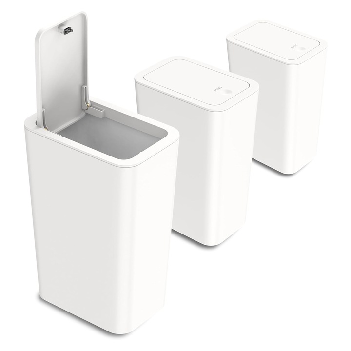 Комплект от 3 кошчета за боклук, Axroad Mall, вместимост 10 л, капак с бутване, безшумно отваряне и затваряне на капака, модерен и хигиеничен дизайн, за кухня, спалня, баня, офис, PP, 19.5*13*32.5 см, бял