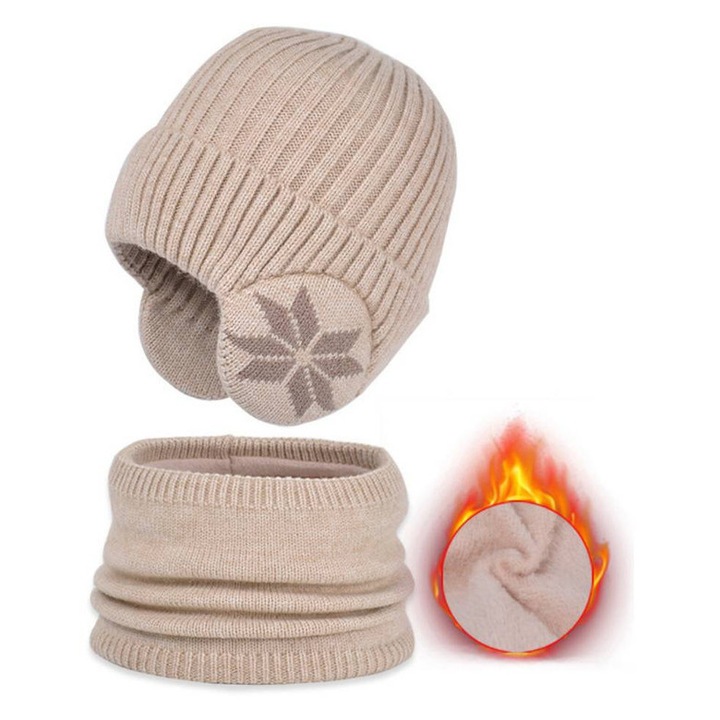 Дамска шапка, комплект от две части, YSBER®, шапка и шал, и топла подплата, универсален размер, Плетка, Бежов