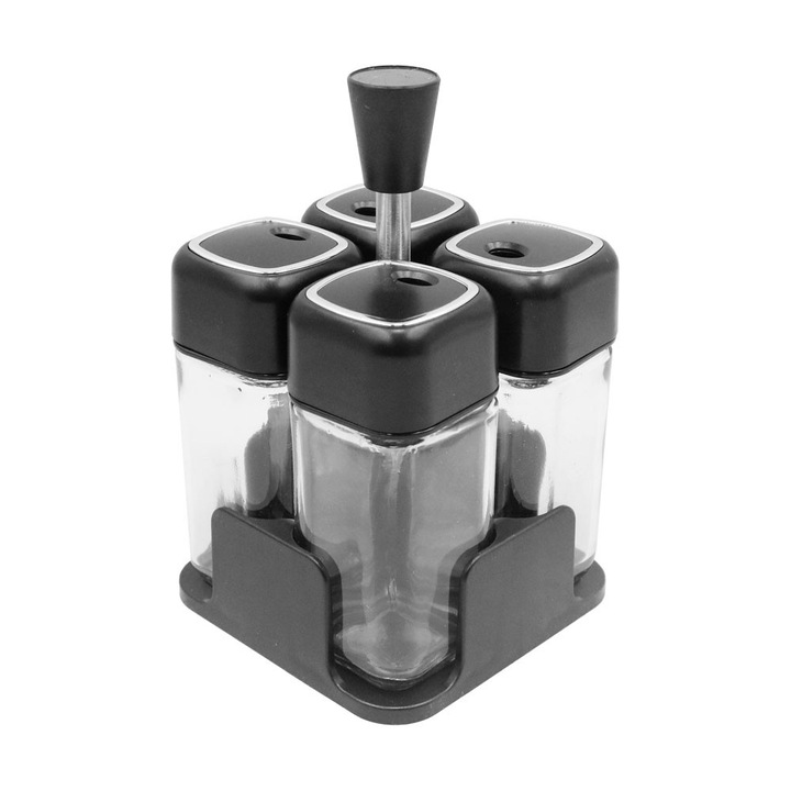 Set recipiente pentru condimente 4 bucati, plastic, capac, 10.7x4.6x4.5cm, negru
