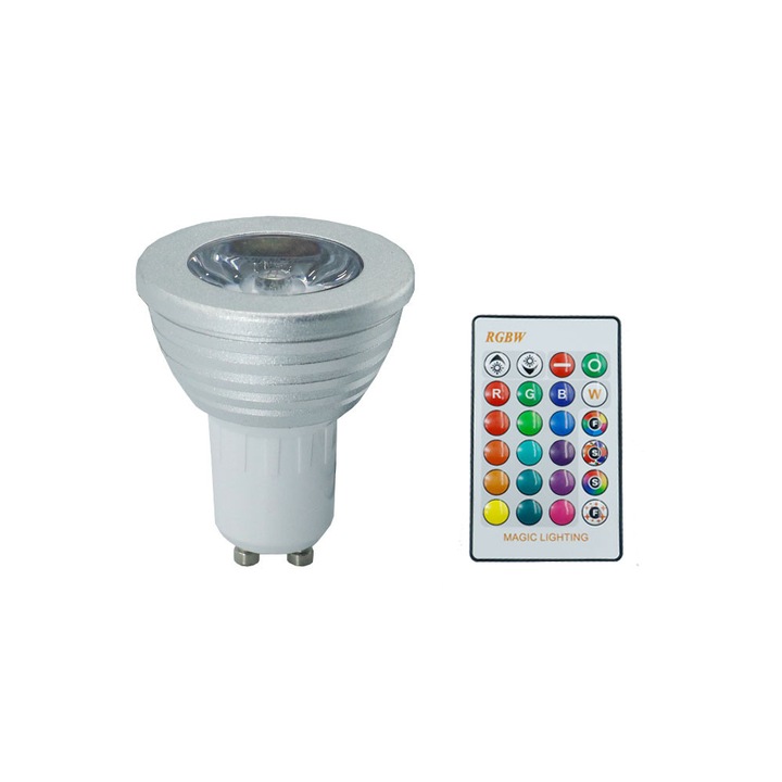 Lampa LED, GU10, RGBW, 3W, 240LM, cu telecomandă, 6,2x5x1,9 cm, alb