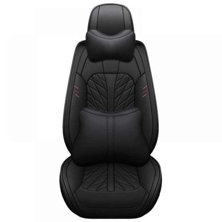 Set huse scaune auto, universale, material piele ecologica, editie de lux, scaune fata, spate, tetiere, volan, perna lombara, perna pentru cap, culoare negru, 16 piese