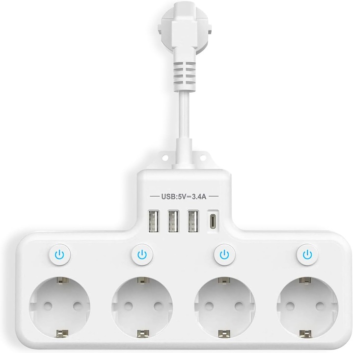 Hosszabbító egyedi kapcsolóval, 4 aljzattal, 1 USB-C, 3 USB-A, YeeLei®, 4000W, Fali többcsatlakozós aljzat, gyermekvédelemmel, rövidzárlat elleni védelemmel, fehér