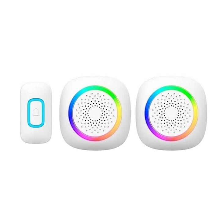 Sonerie electrica set cu 1 buton si 2 receptoare, 60 melodii, IPX5, 6.5x3.5x1.5cm, alb