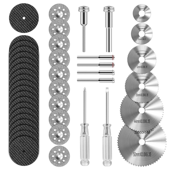 Комплект от 46 режещи диска, Axroad Mall, Диамантени дискове, С 6 фиксиращи пръта, Фино рязане, Устойчиви на износване и топлина, Не се деформират лесно, За стъкло, керамика, диамант, мрамор, нефрит, кристал, 6 дорника, HSS и диамант, Многоцветни