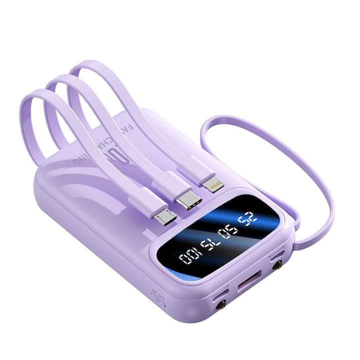 Външна преносима батерия 10000 mAh, виолетов, с вграден кабел за данни, USB-C