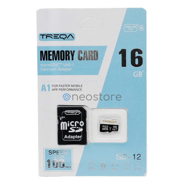 Carda memorie Micro SDHC 16GB Treqa, A1, 100MB/s, cu adaptor SD