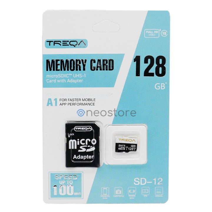 Carda memorie Micro SDHC 128GB Treqa, Class 10, A1, 100MB/s, 1.5x1.1cm, cu adaptor SD