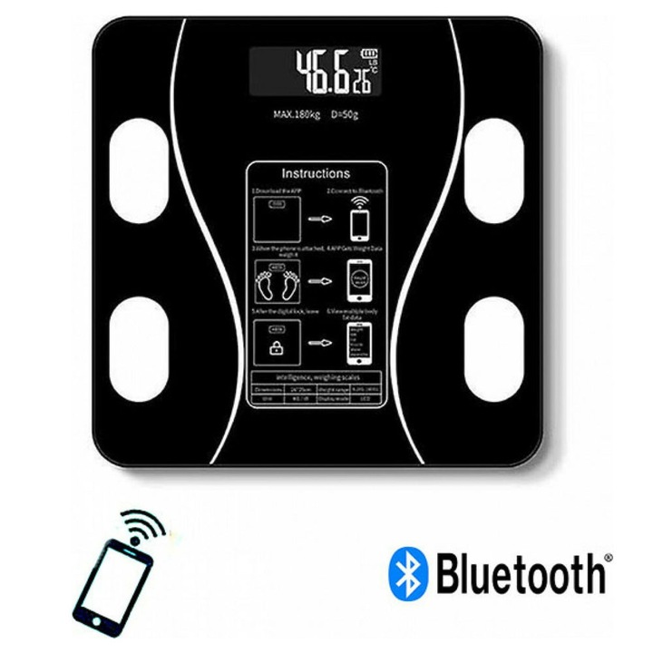Cantar corporal digital Bluetooth cu ecran LCD, negru, 26x26x2cm