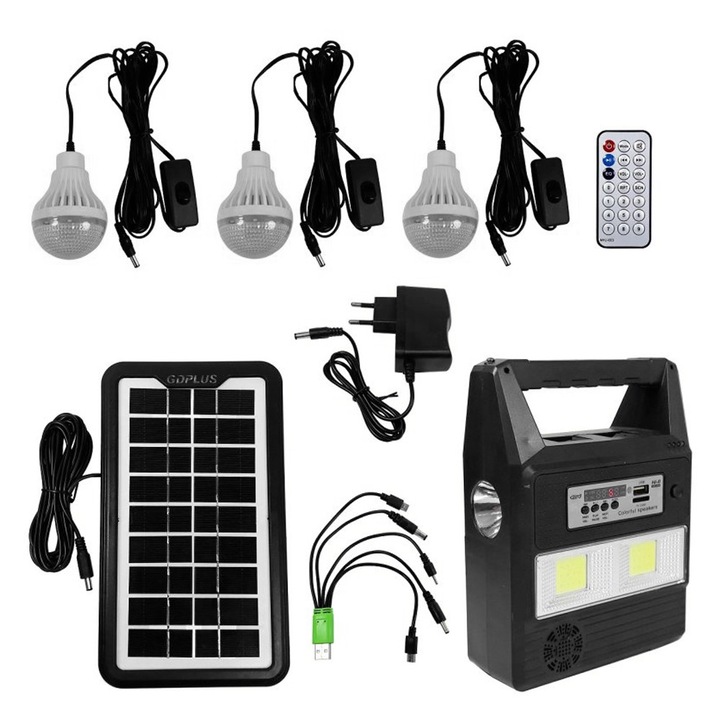 Sistem iluminat solar cu 3 LED-uri, radio, MP3, Bluetooth, panou solar, 22x14x7cm