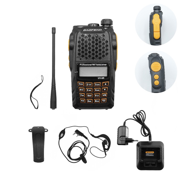 Statie radio Baofeng BF-UV6R, VHF-UHF, 7W, 1 bucata, 11.5x6.2x4cm, negru