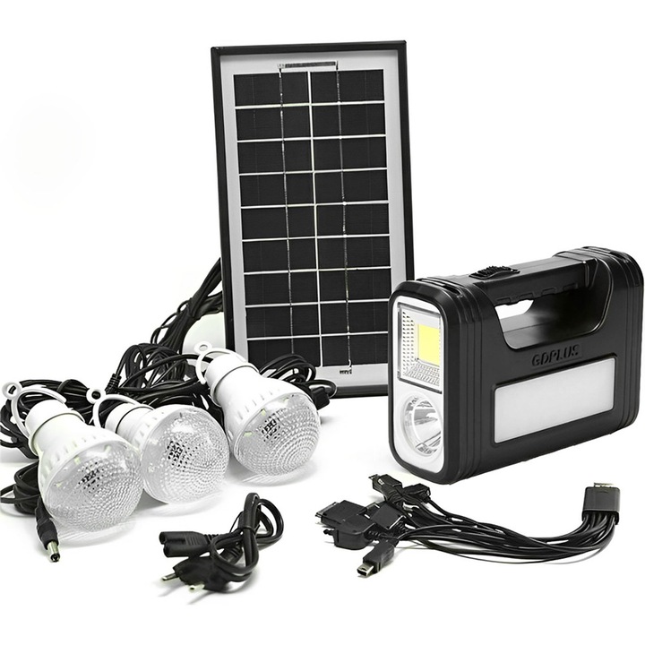 Sistem solar iluminat cu 3 lampi LED, panou solar, alb, 25.5x14.2x1.5cm