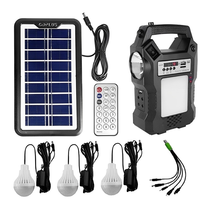 Sistem de iluminat solar cu 3 lampi LED, radiophono, MP3, Bluetooth, panou solar, 22x14x7cm