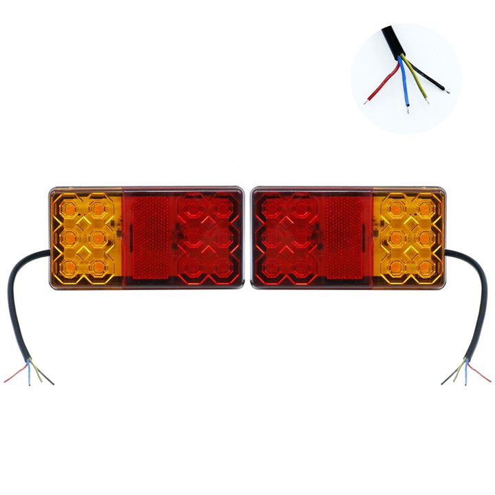 Set 2 Proiectoare, 12V-24V 16 SMD, rosu-portocalie, 15x7.5x3.5cm