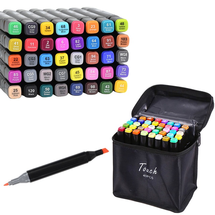 Set markere cu dublu varf, 40 culori, cu suport de organizare