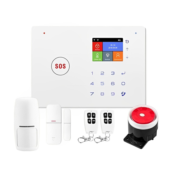 Sistem alarma casa Wi-Fi GSM-SIM, 2 telecomenzi, ecran 2.4", 12x10x2cm, negru