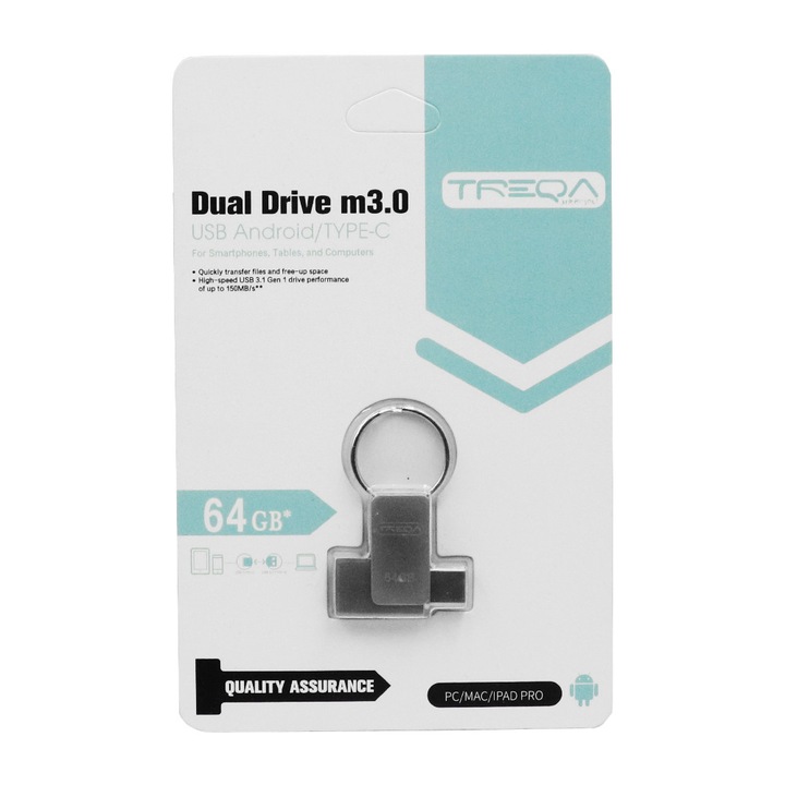 Memorie USB Treqa 64GB, USB 3.0, 150 MB/s, 3x1.2x0.3cm