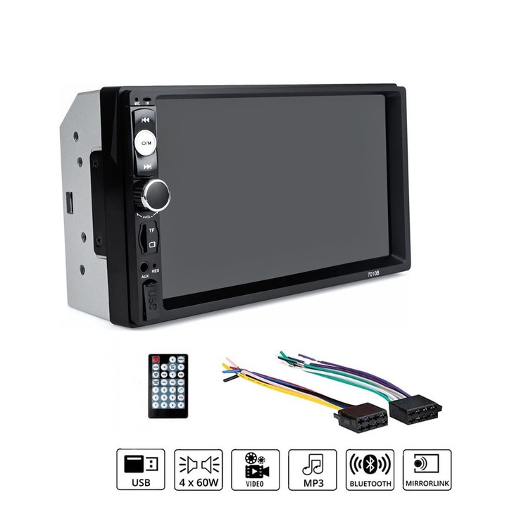 Sistem auto 2 DIN Bluetooth, USB, AUX, FM, ecran 7", 12V, 4x60W, 17.8x12.1x10.3cm