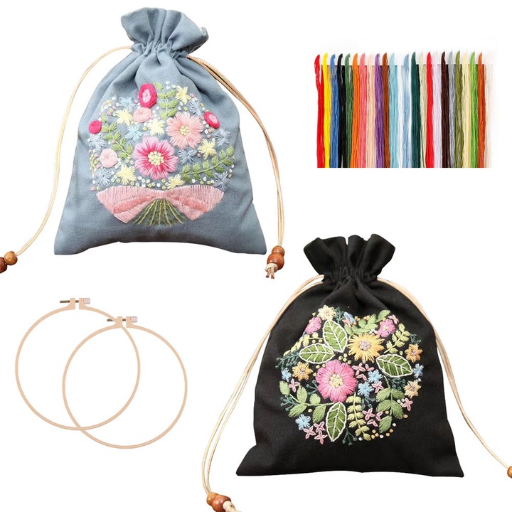 PAIKIUU 2Pack Kituri de broderie Geanta cu snur pentru incepatori Adulti, Kit de genti de cusut DIY Geanta de panza Kit de inceput de broderie cu modele de flori, instructiuni si cercuri