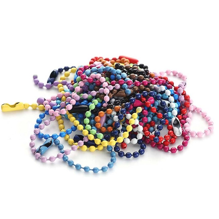 100 darabos, 4 hüvelyk hosszú, 2,4 mm-es golyóslánc. Fém gyöngylánc, vas. Gyöngylánc. Kis címkelánc. Kulcstartó lánc. Kulcstartó akasztó csatlakozókkal. Címkék, címkék. Színes jelvénytartók.