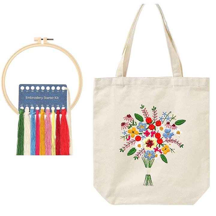Kit de broderie Tote Bag Kituri Canvas cu model de flori Arte Artizanat DIY Kituri de pornire cu geanta de broderie, cercuri de broderie, fire de culoare si instructiuni pentru adulti Incepatori Bej