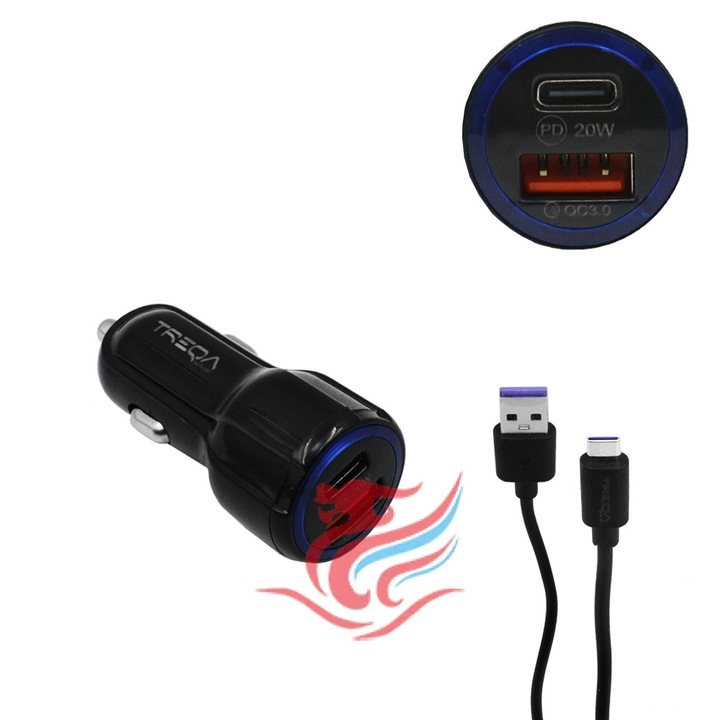 Incarcator auto Treqa CS-233-B, 2 porturi USB-A 3.1A, cablu Type-C 1m, 13x10x2.5cm, negru