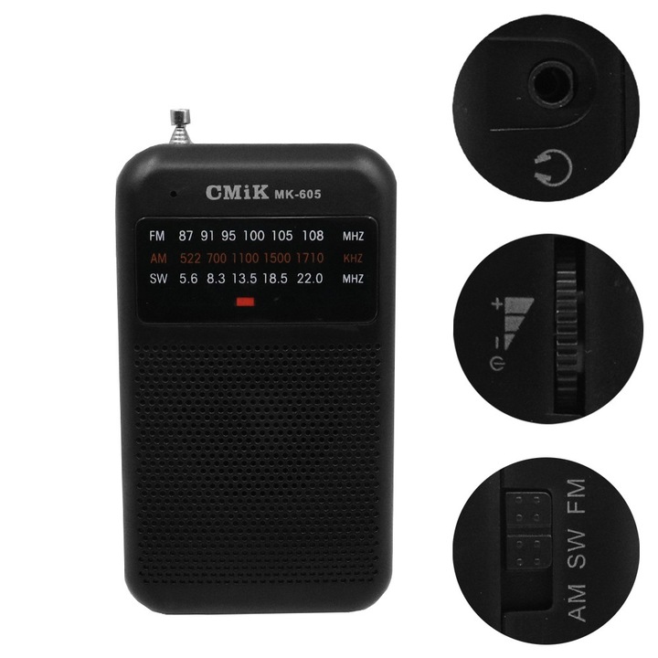 Radio portabil CMiK MK-605, FM/AM/SW, 13x6.5x3cm, negru