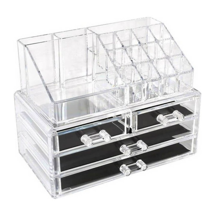 Set 2 cutii organizatoare bijuterii acrilice transparente 10x22x10cm 7x20x7cm