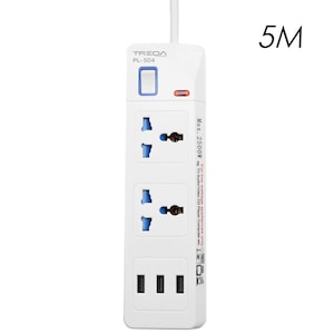 Prelungitor Treqa cu 2 prize, 3 porturi USB, intrerupator On/Off, cablu 5m, 2500W, alb