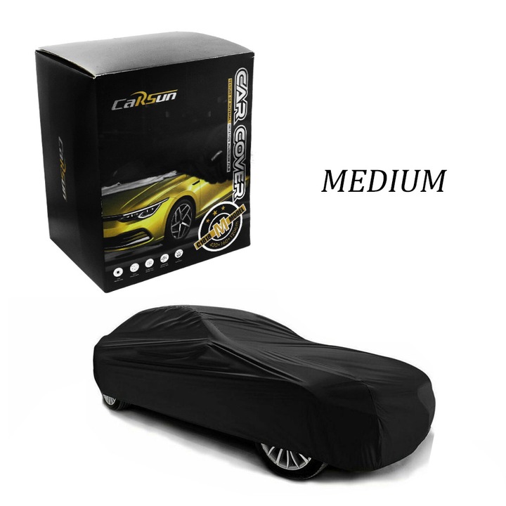 Husa auto set CarSun, 430x160x120cm, pentru Sedan, cu film din aluminiu, culoare neagra