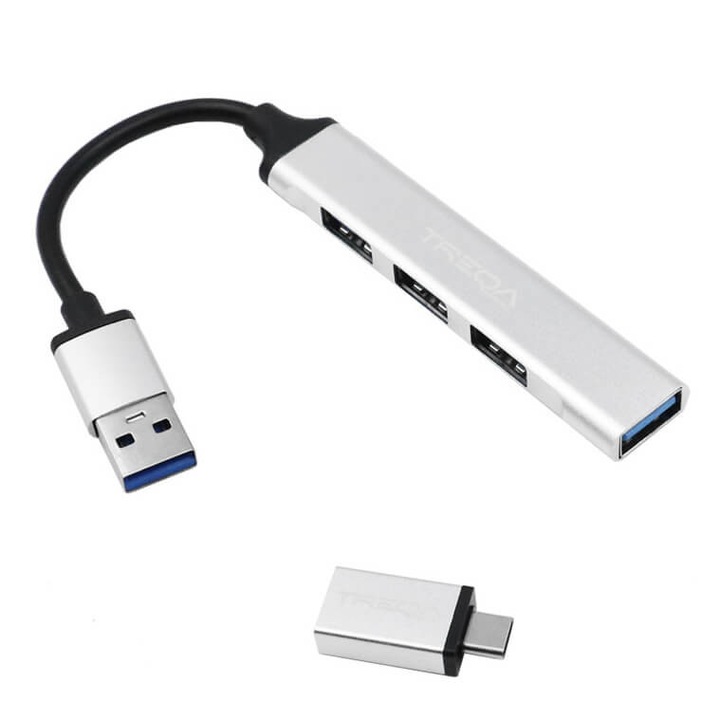 Hub USB 3.0 Treqa cu 4 porturi USB-A si adaptor Type-C, 10.5x3.5x2cm