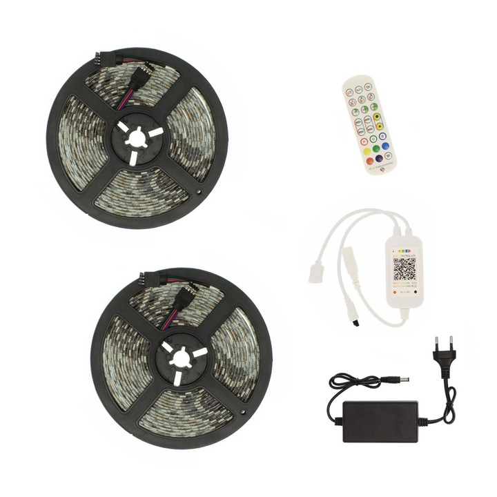 Benz LED RGB 12V 10m (2x5m) cu telecomanda Bluetooth si adaptor, IP65