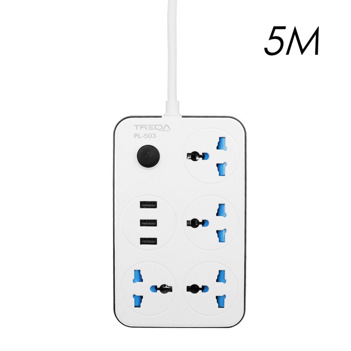 Prelungitor Treqa cu 4 prize, 3 porturi USB, intrerupator On/Off, 5m, 3000W, alb
