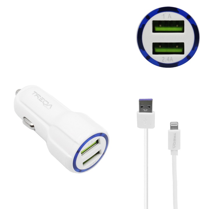 Incarcator auto Treqa CS-234W cu 2 porturi USB-A 3.1A, cablu Lightning 1m, 13x10x2.5cm, alb