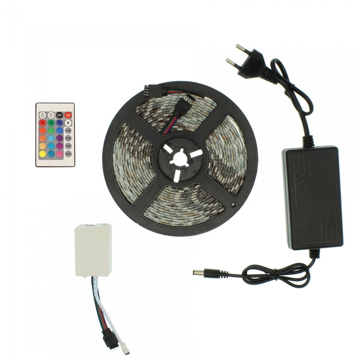 Benza LED 5m, RGB, 12V cu telecomanda si adaptor, IP65