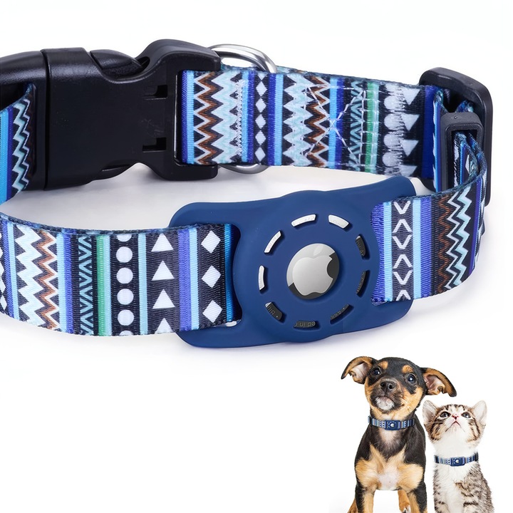 Zgarda pentru caini si pisici, Chucai, suport GPS compatibil AirTag, albastru, reglabila 33x55cm